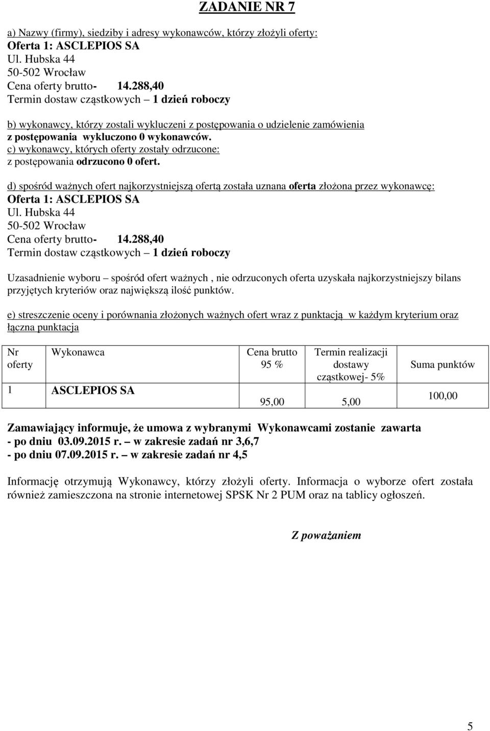 288,40 1 ASCLEPIOS SA 95,00 5,00 Zamawiający informuje, że umowa z wybranymi mi zostanie zawarta - po dniu 03.09.2015 r.