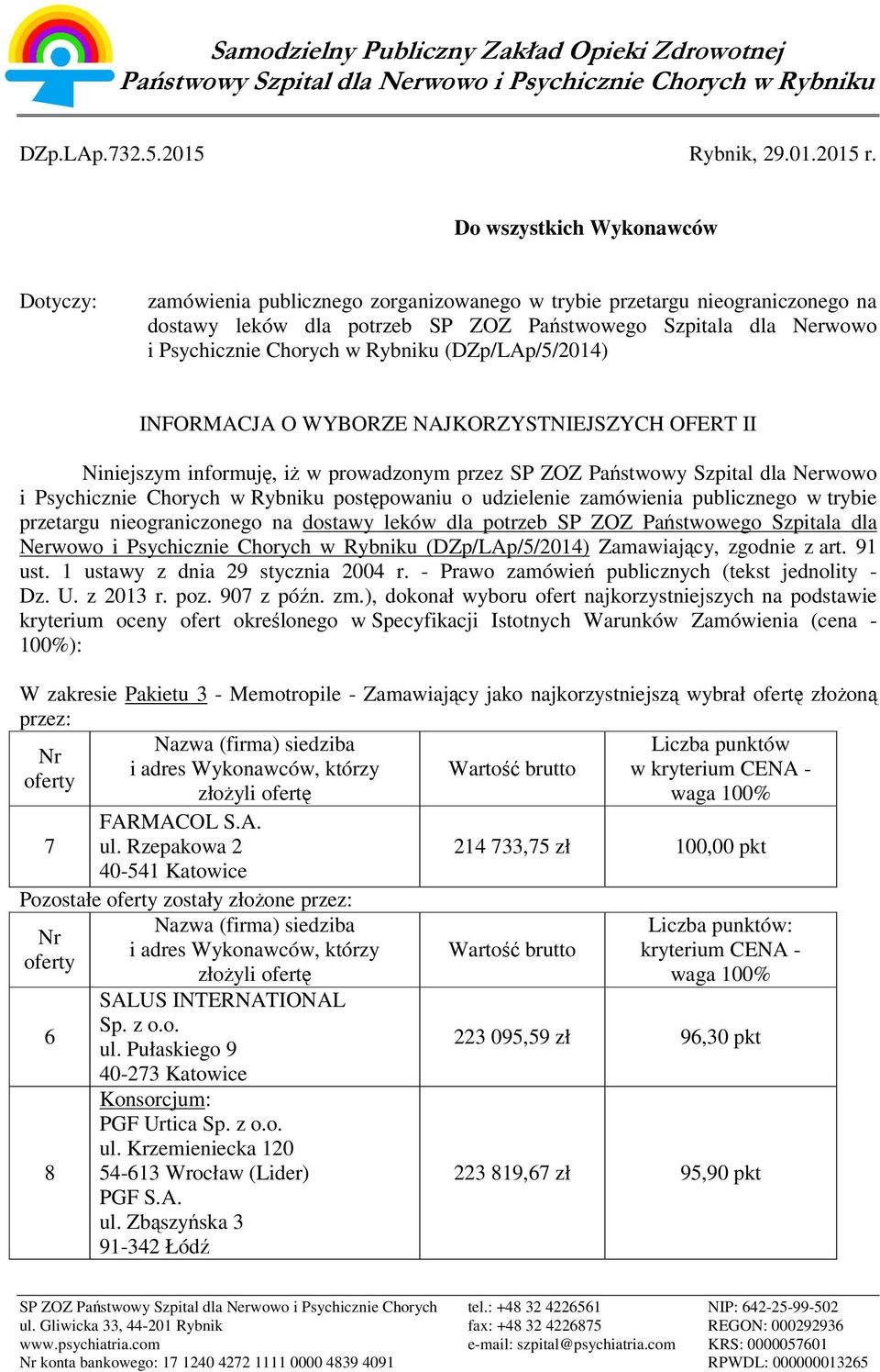 w Rybniku (DZp/LAp/5/2014) INFORMACJA O WYBORZE NAJKORZYSTNIEJSZYCH OFERT II Niniejszym informuję, iż w prowadzonym przez SP ZOZ Państwowy Szpital dla Nerwowo i Psychicznie Chorych w Rybniku