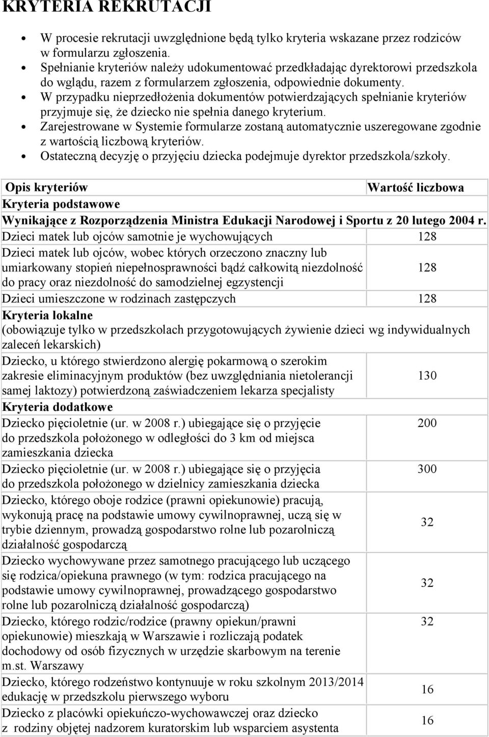 W przypadku nieprzedłożenia dokumentów potwierdzających spełnianie kryteriów przyjmuje się, że dziecko nie spełnia danego kryterium.