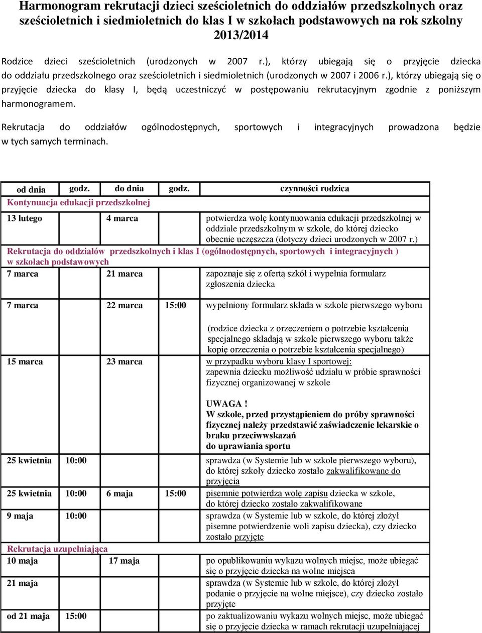 ), którzy ubiegają się o przyjęcie dziecka do klasy I, będą uczestniczyć w postępowaniu rekrutacyjnym zgodnie z poniższym harmonogramem.