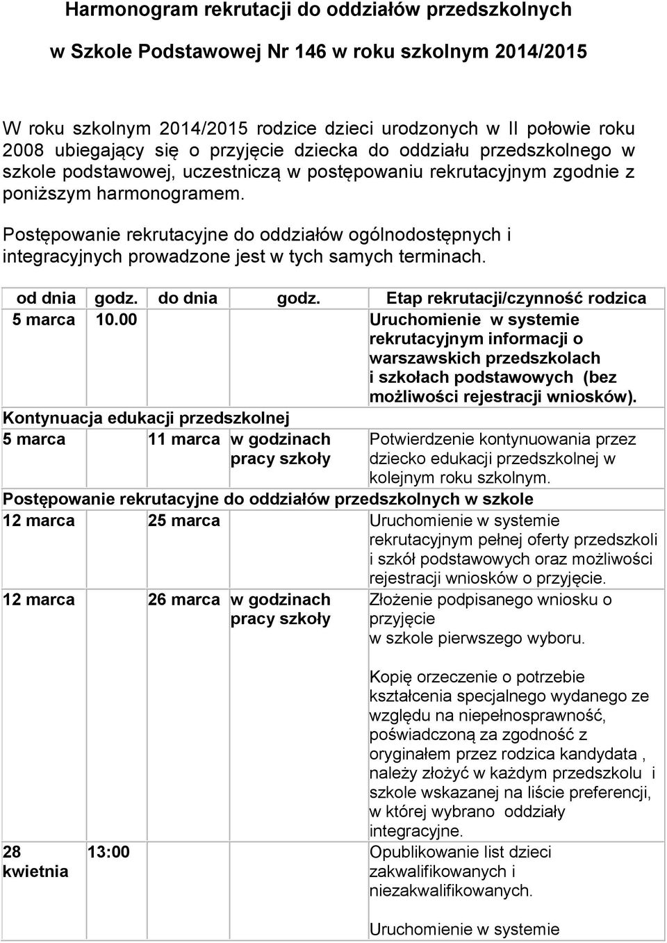Pstępwanie rekrutacyjne d ddziałów gólndstępnych i integracyjnych prwadzne jest w tych samych terminach. d dnia gdz. d dnia gdz. Etap rekrutacji/czynnść rdzica 5 marca 10.