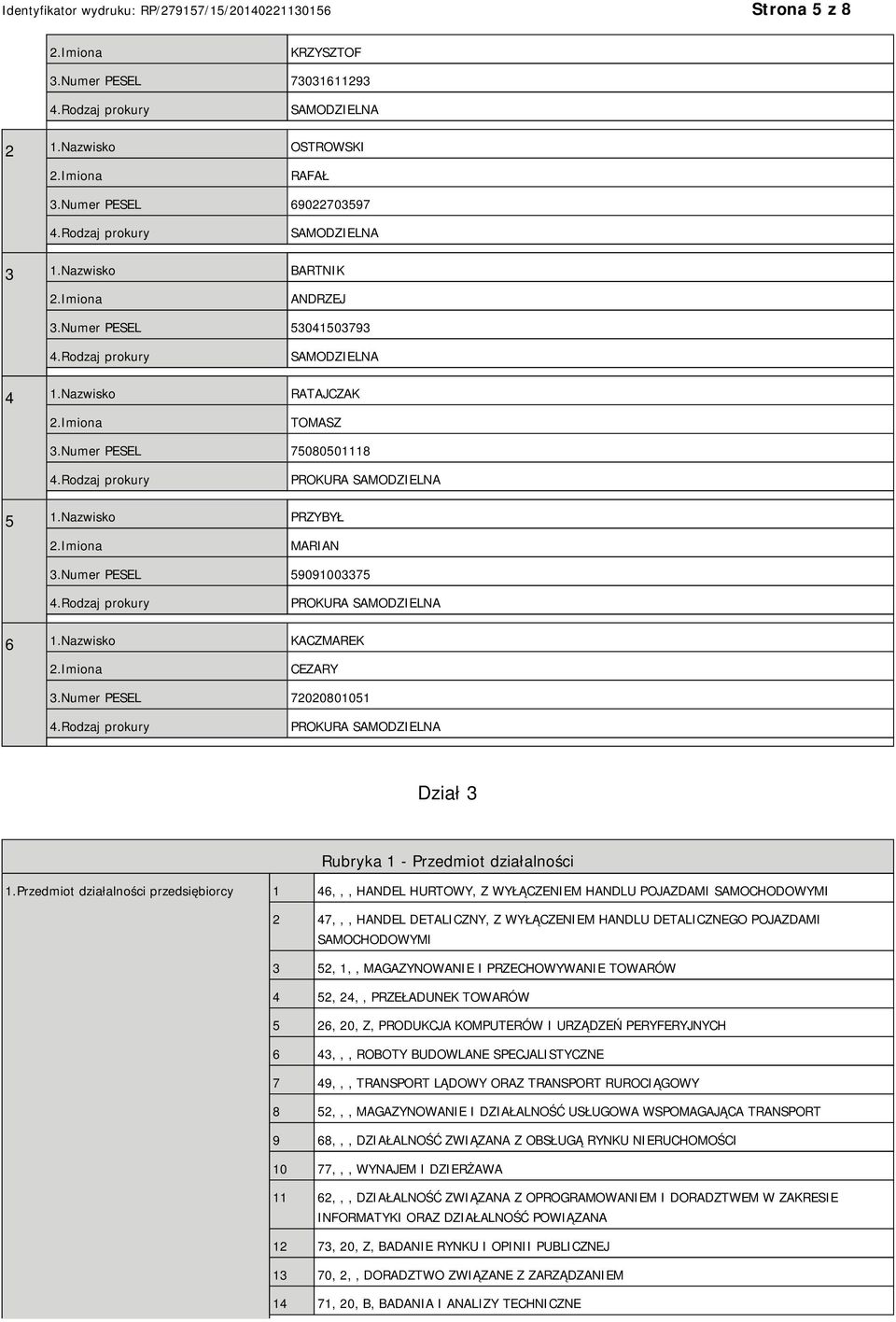 Numer PESEL 72020801051 PROKURA SAMODZIELNA Dział 3 Rubryka 1 - Przedmiot działalności 1.
