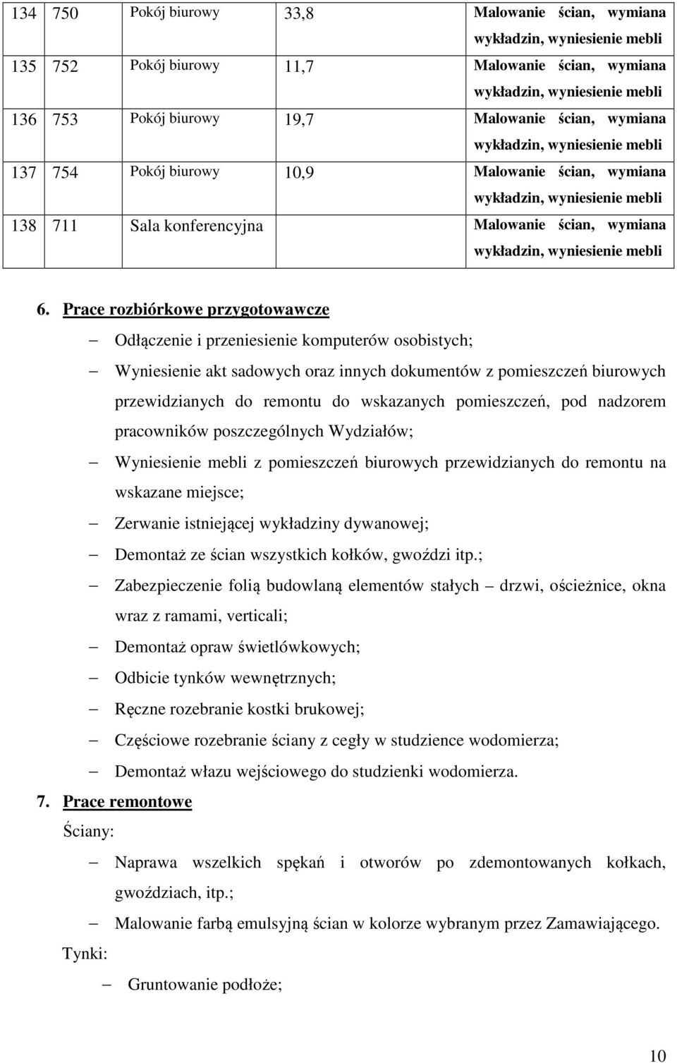 Prace rozbiórkowe przygotowawcze Odłączenie i przeniesienie komputerów osobistych; Wyniesienie akt sadowych oraz innych dokumentów z pomieszczeń biurowych przewidzianych do remontu do wskazanych