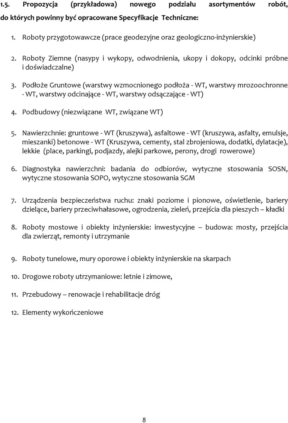 Podłoże Gruntowe (warstwy wzmocnionego podłoża - WT, warstwy mrozoochronne - WT, warstwy odcinające - WT, warstwy odsączające - WT) 4. Podbudowy (niezwiązane WT, związane WT) 5.