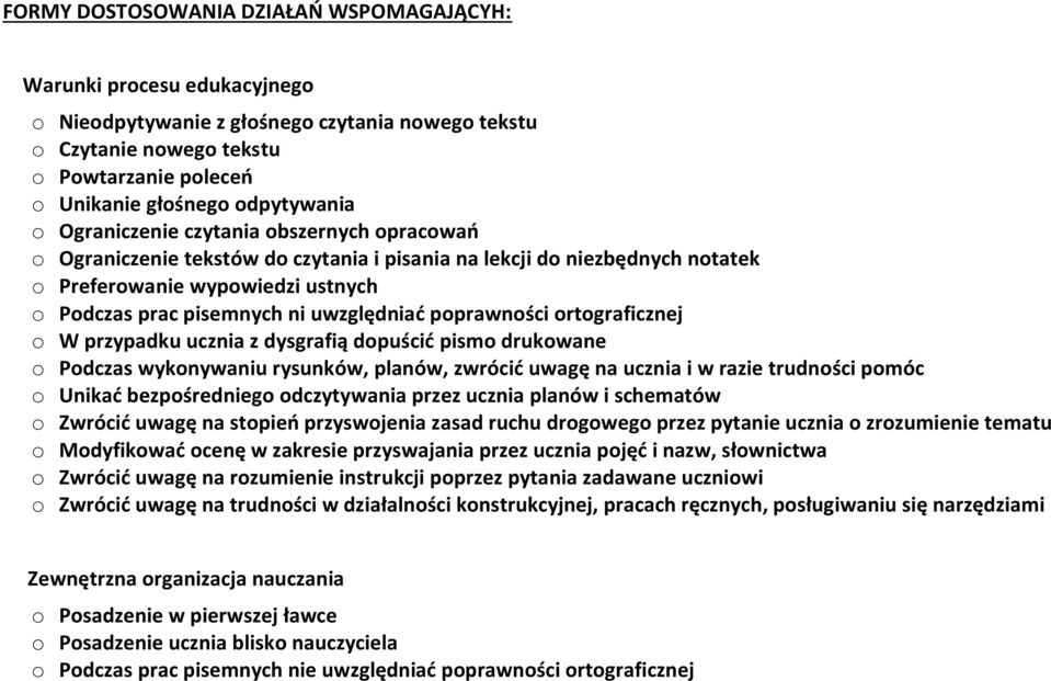 uwzględniać poprawności ortograficznej o W przypadku ucznia z dysgrafią dopuścić pismo drukowane o Podczas wykonywaniu rysunków, planów, zwrócić uwagę na ucznia i w razie trudności pomóc o Unikać