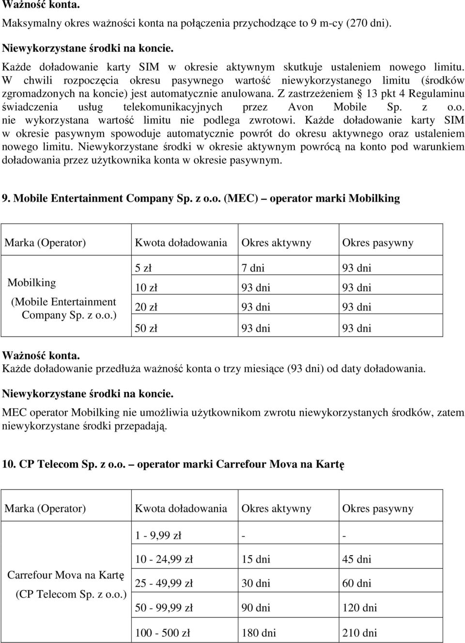 Z zastrzeŝeniem 13 pkt 4 Regulaminu świadczenia usług telekomunikacyjnych przez Avon Mobile Sp. z o.o. nie wykorzystana wartość limitu nie podlega zwrotowi.