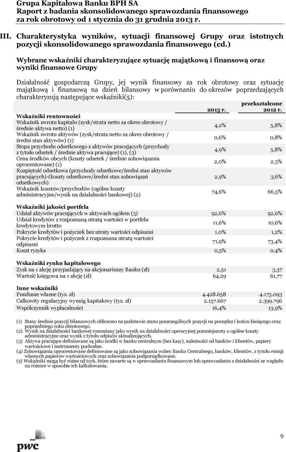 na dzień bilansowy w porównaniu do okresów poprzedzających charakteryzują następujące wskaźniki(5): Wskaźniki rentowności Wskaźnik zwrotu kapitału (zysk/strata netto za okres obrotowy / średnie