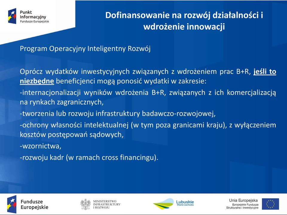 na rynkach zagranicznych, -tworzenia lub rozwoju infrastruktury badawczo-rozwojowej, -ochrony własności intelektualnej (w