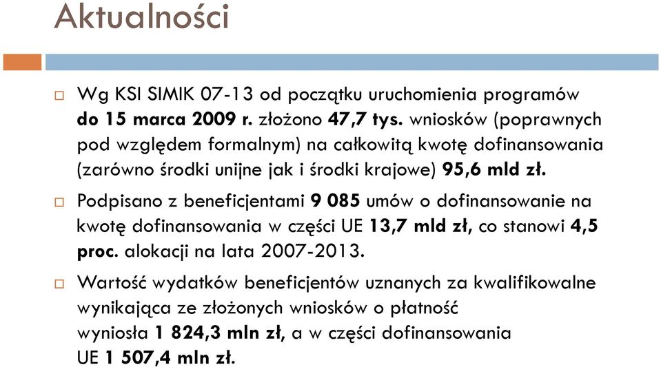 Podpisano z beneficjentami 9 085 umów o dofinansowanie na kwotę dofinansowania w części UE 13,7 mld zł, co stanowi 4,5 proc.