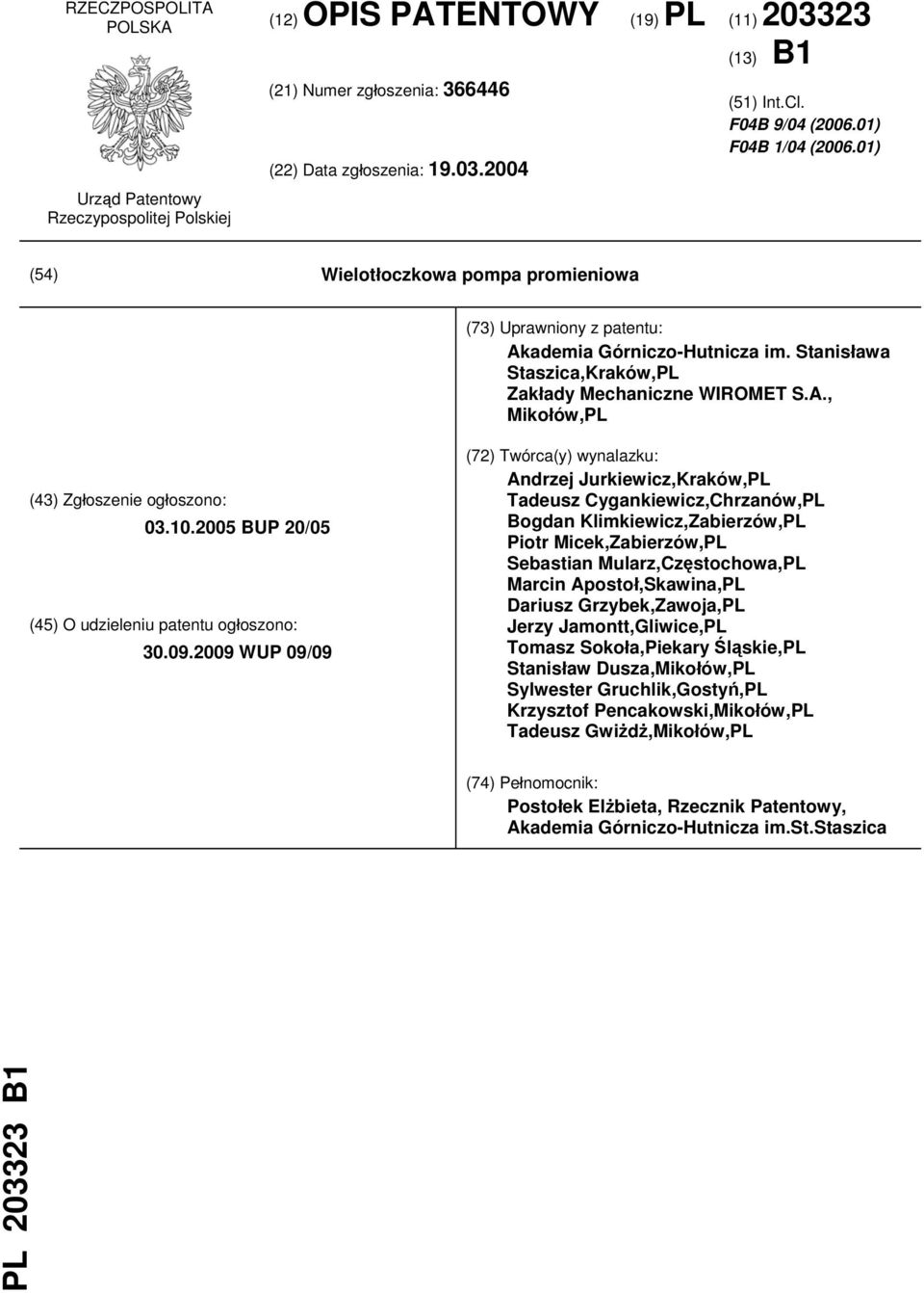 10.2005 BUP 20/05 (45) O udzieleniu patentu ogłoszono: 30.09.