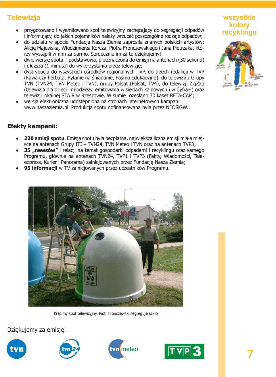 dwie wersje spotu podstawowa, przeznaczona do emisji na antenach (30 sekund) i dłuższa (1 minuta) do wykorzystania przez telewizję; dystrybucja do wszystkich ośrodków regionalnych TVP, do trzech
