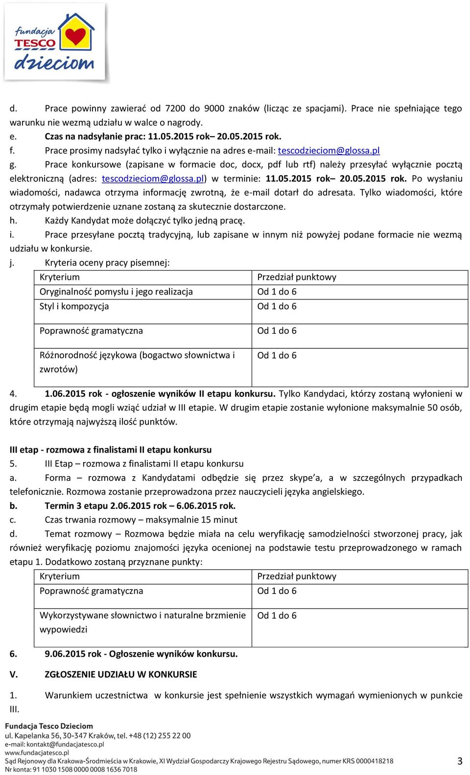 Prace konkursowe (zapisane w formacie doc, docx, pdf lub rtf) należy przesyłać wyłącznie pocztą elektroniczną (adres: tescodzieciom@glossa.pl) w terminie: 11.05.2015 rok 