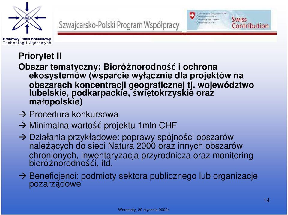 województwo lubelskie, podkarpackie, świętokrzyskie oraz małopolskie) Procedura konkursowa Minimalna wartość projektu 1mln CHF