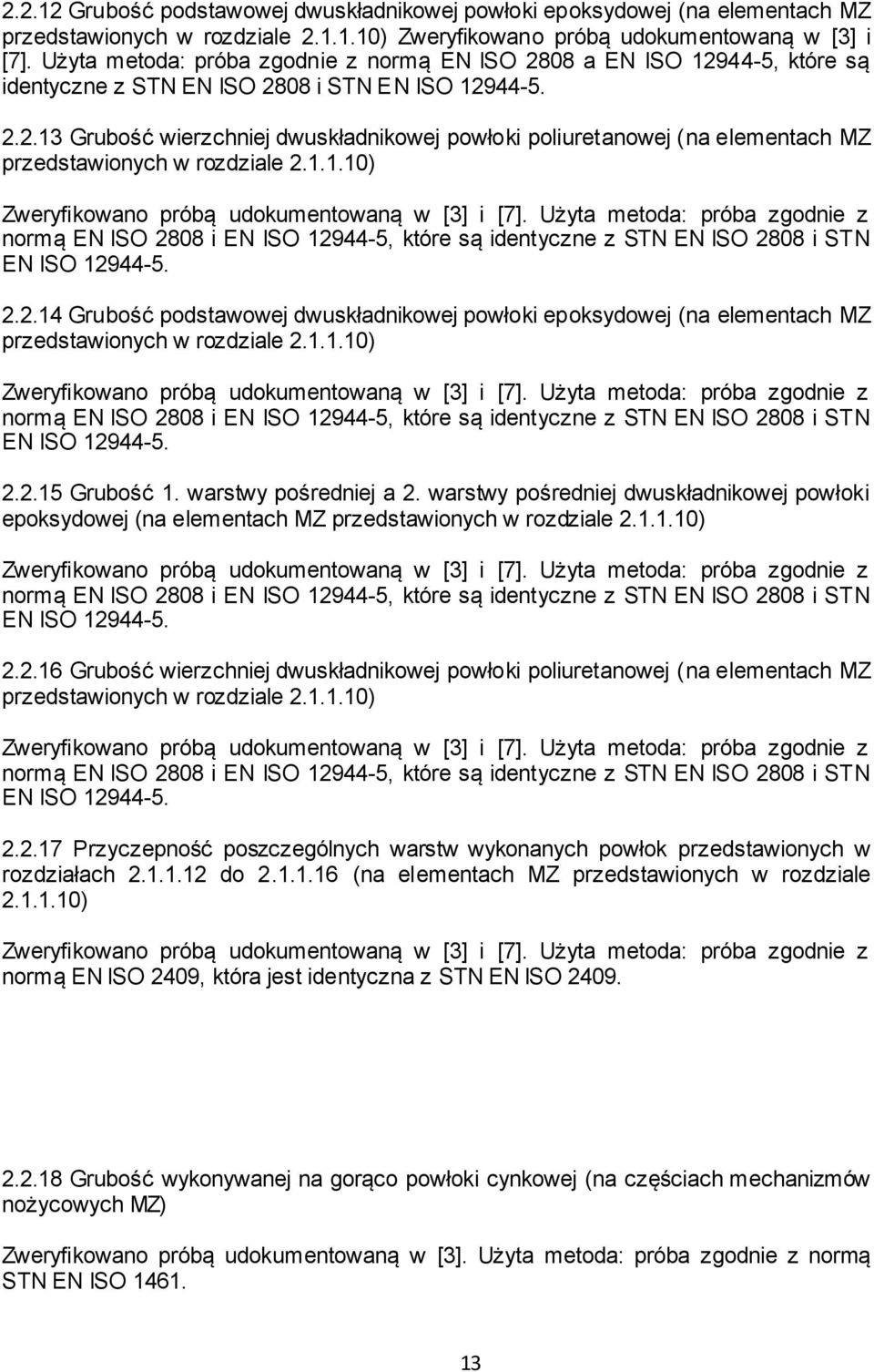 1.1.10) Zweryfikowano próbą udokumentowaną w [3] i [7]. Użyta metoda: próba zgodnie z normą EN ISO 28