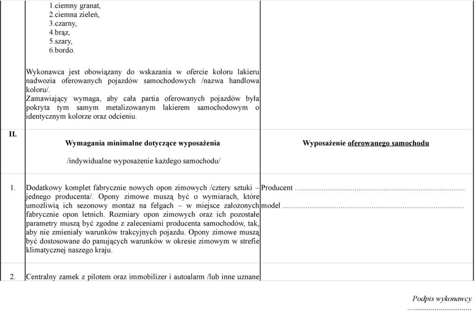 Zamawiający wymaga, aby cała partia oferowanych pojazdów była pokryta tym samym metalizowanym lakierem samochodowym o identycznym kolorze oraz odcieniu.