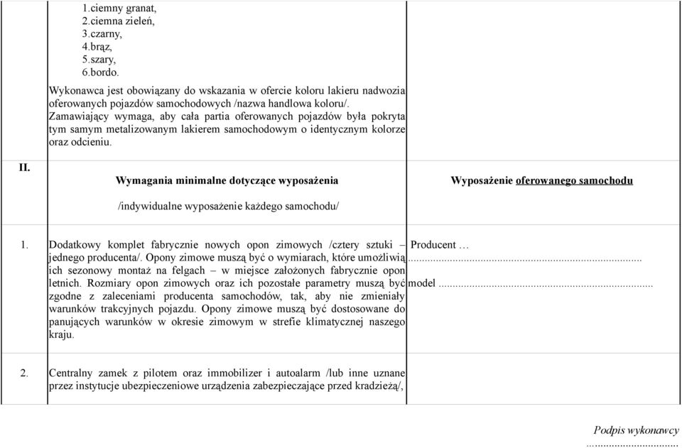 Zamawiający wymaga, aby cała partia oferowanych pojazdów była pokryta tym samym metalizowanym lakierem samochodowym o identycznym kolorze oraz odcieniu.