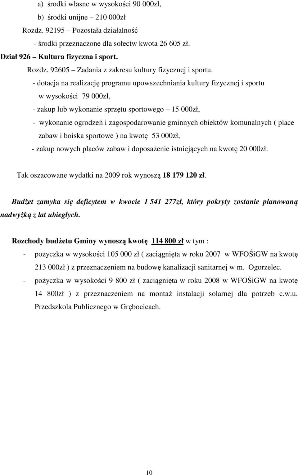 obiektów komunalnych ( place zabaw i boiska sportowe ) na kwotę 53 000zł, - zakup nowych placów zabaw i doposażenie istniejących na kwotę 20 000zł.