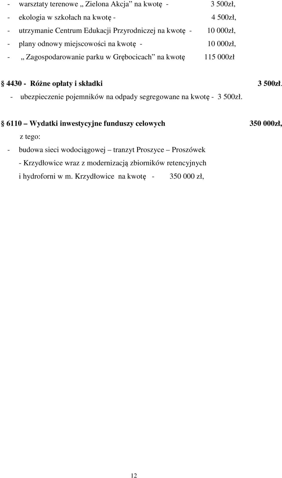 500zł. - ubezpieczenie pojemników na odpady segregowane na kwotę - 3 500zł.