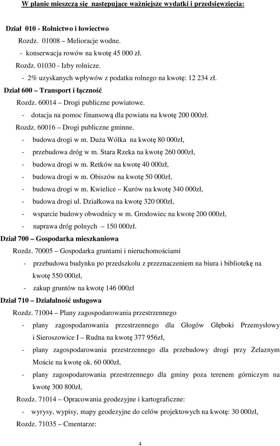 Rozdz. 60016 Drogi publiczne gminne. - budowa drogi w m. Duża Wólka na kwotę 80 000zł, - przebudowa dróg w m. Stara Rzeka na kwotę 260 000zł, - budowa drogi w m.