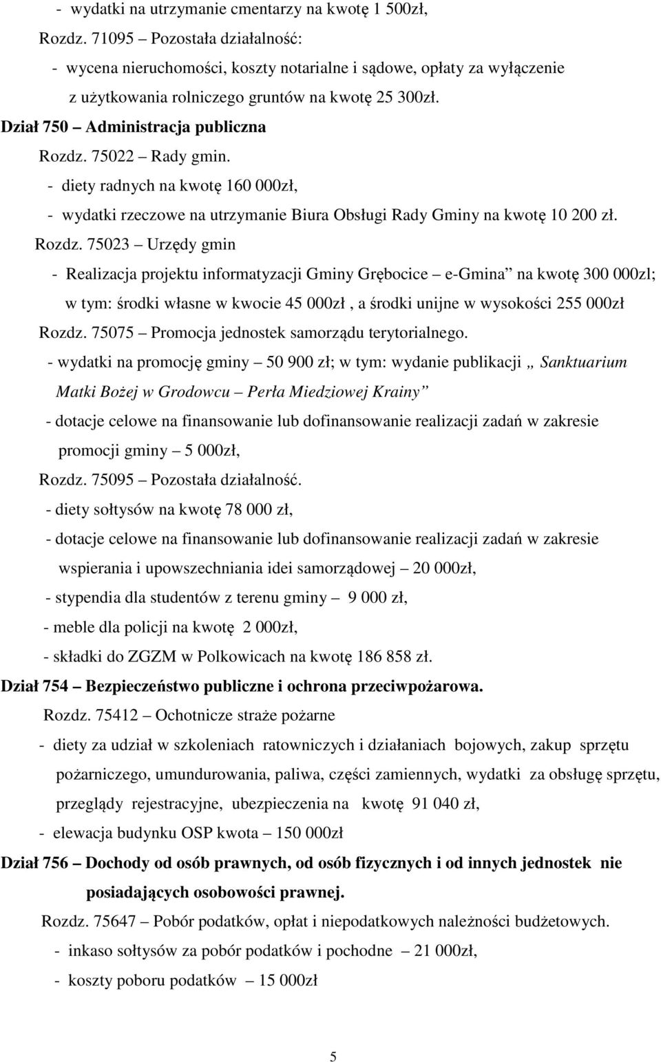 75022 Rady gmin. - diety radnych na kwotę 160 000zł, - wydatki rzeczowe na utrzymanie Biura Obsługi Rady Gminy na kwotę 10 200 zł. Rozdz.