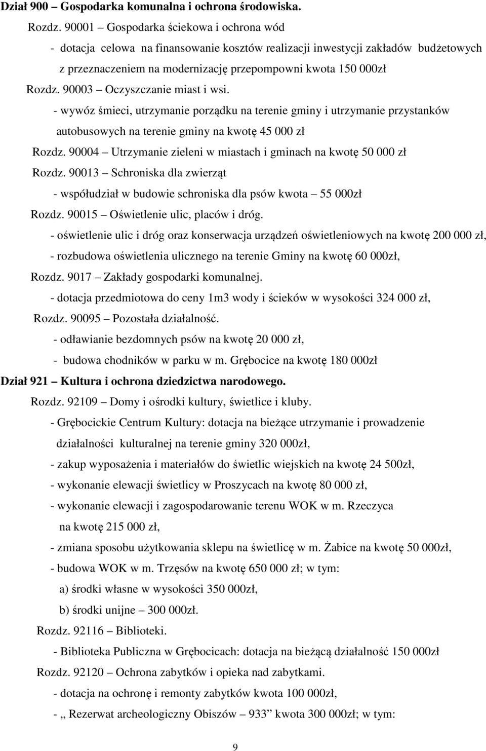 90003 Oczyszczanie miast i wsi. - wywóz śmieci, utrzymanie porządku na terenie gminy i utrzymanie przystanków autobusowych na terenie gminy na kwotę 45 000 zł Rozdz.