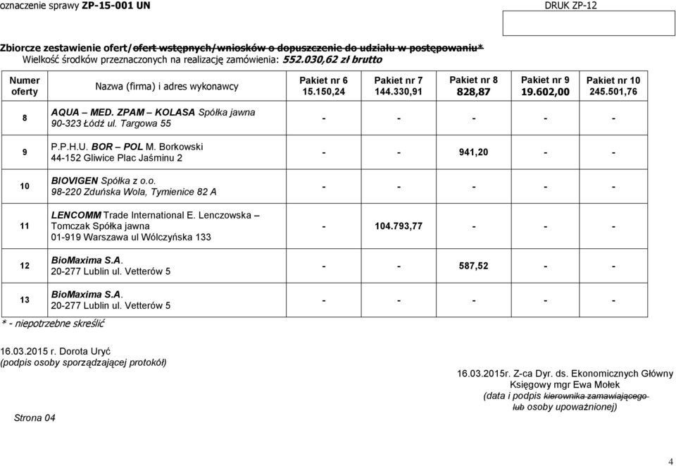 Borkowski -5 Gliwice Plac Jaśminu BIOVIGEN Spółka z o.o. 98-0 Zduńska Wola, Tymienice 8 A LENCOMM Trade International E.