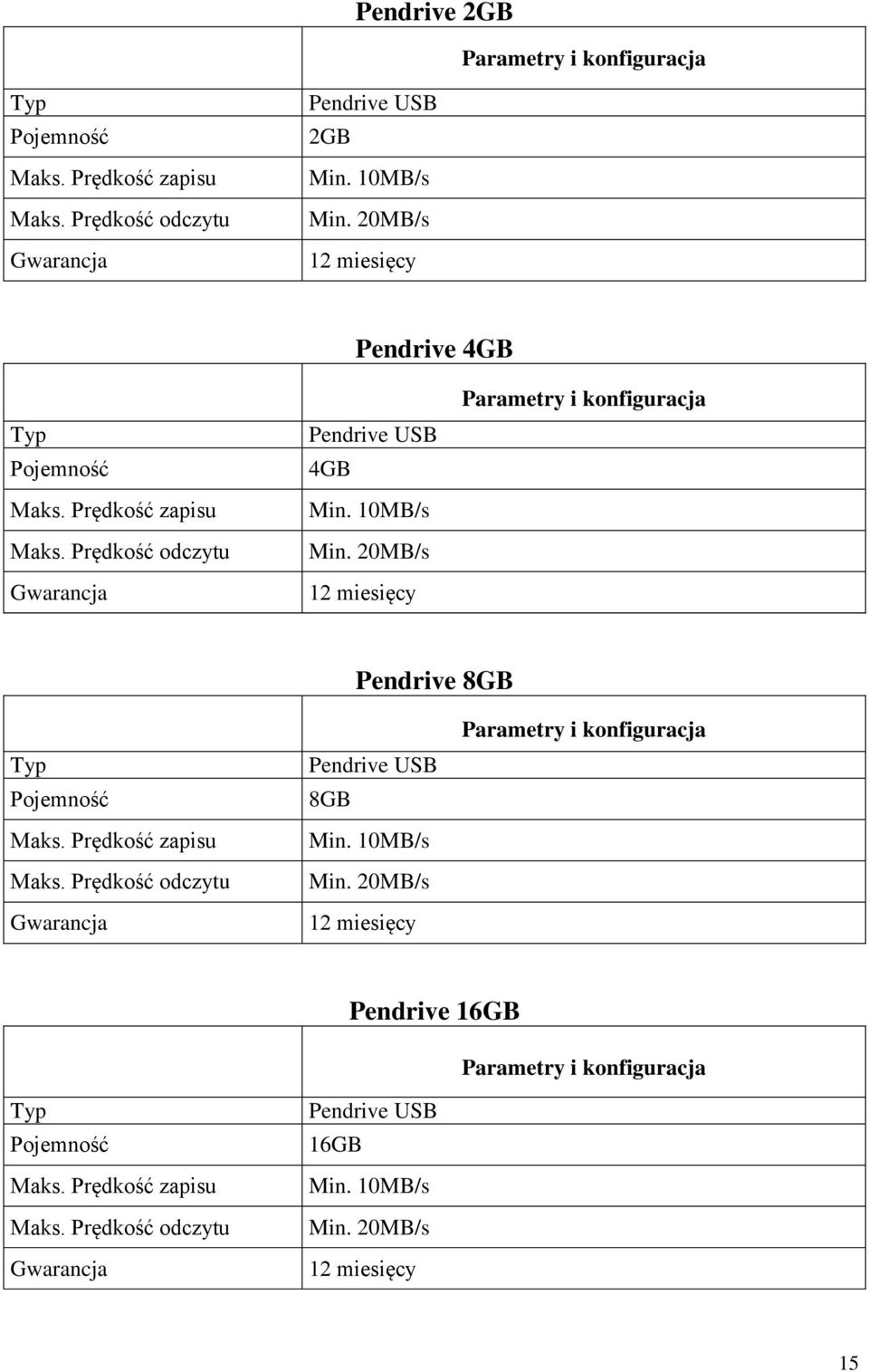 20MB/s Pendrive 8GB Pojemność Maks. Prędkość zapisu Maks. Prędkość odczytu Pendrive USB 8GB Min. 10MB/s Min.