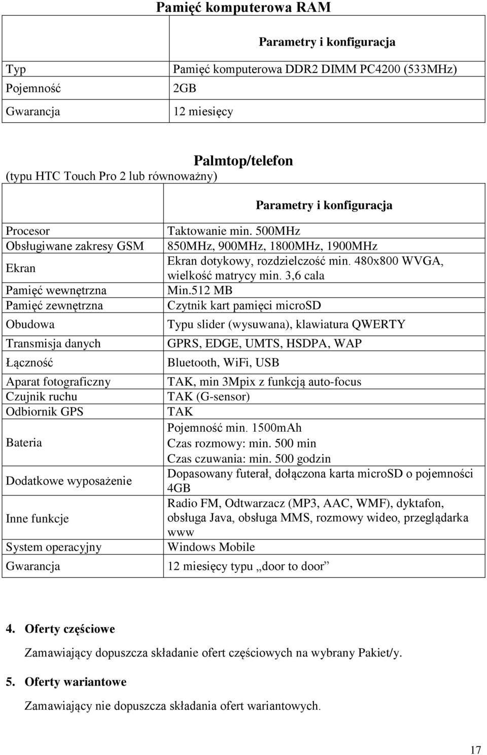 500MHz 850MHz, 900MHz, 1800MHz, 1900MHz Ekran dotykowy, rozdzielczość min. 480x800 WVGA, wielkość matrycy min. 3,6 cala Min.