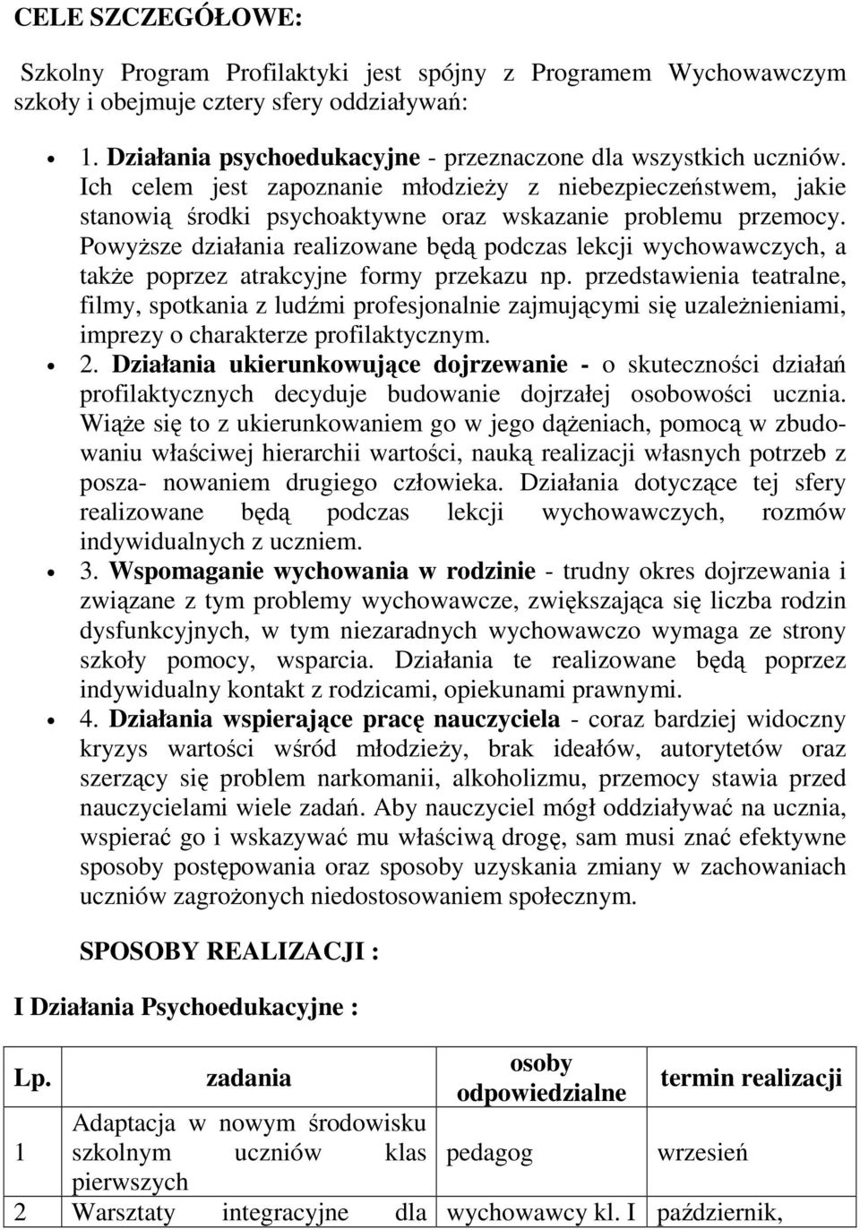 PowyŜsze działania realizowane będą podczas lekcji wychowawczych, a takŝe poprzez atrakcyjne formy przekazu np.