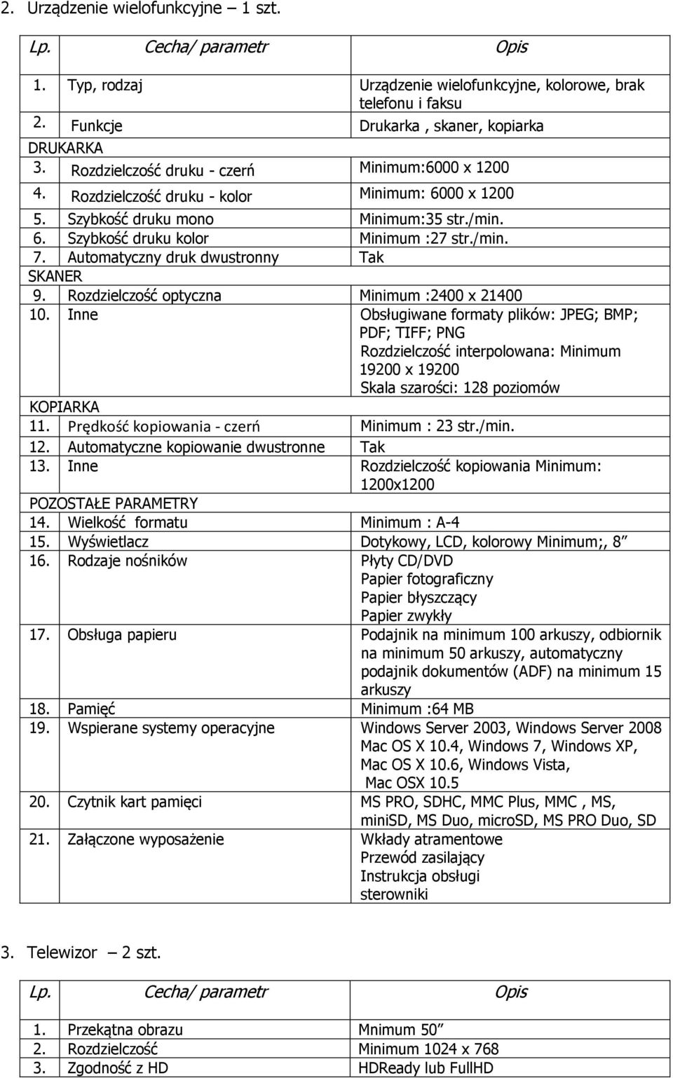 Automatyczny druk dwustronny SKANER 9. Rozdzielczość optyczna Minimum :2400 x 21400 10.