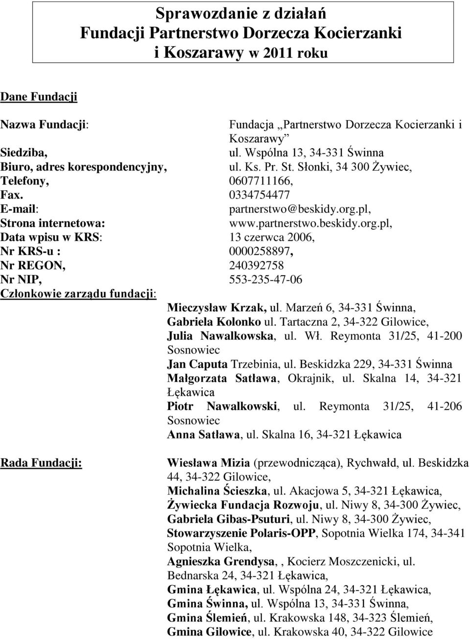 pl, Strona internetoa:.partnersto.beskidy.org.pl, Data pisu KRS: 13 czerca 2006, Nr KRS-u : 0000258897, Nr REGON, 240392758 Nr NIP, 553-235-47-06 Członkoie zarządu fundacji: Mieczysła Krzak, ul.
