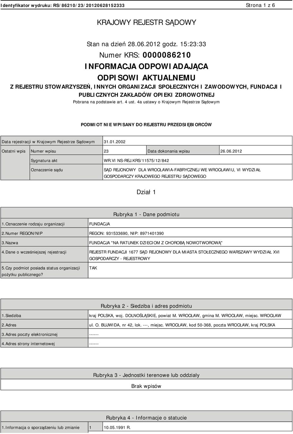 Pobrana na podstawie art. 4 ust. 4a ustawy o Krajowym Rejestrze Sądowym PODMIOT NIE WPISANY DO REJESTRU PRZEDSIĘBIORCÓW Data rejestracji w Krajowym Rejestrze Sądowym 31.01.