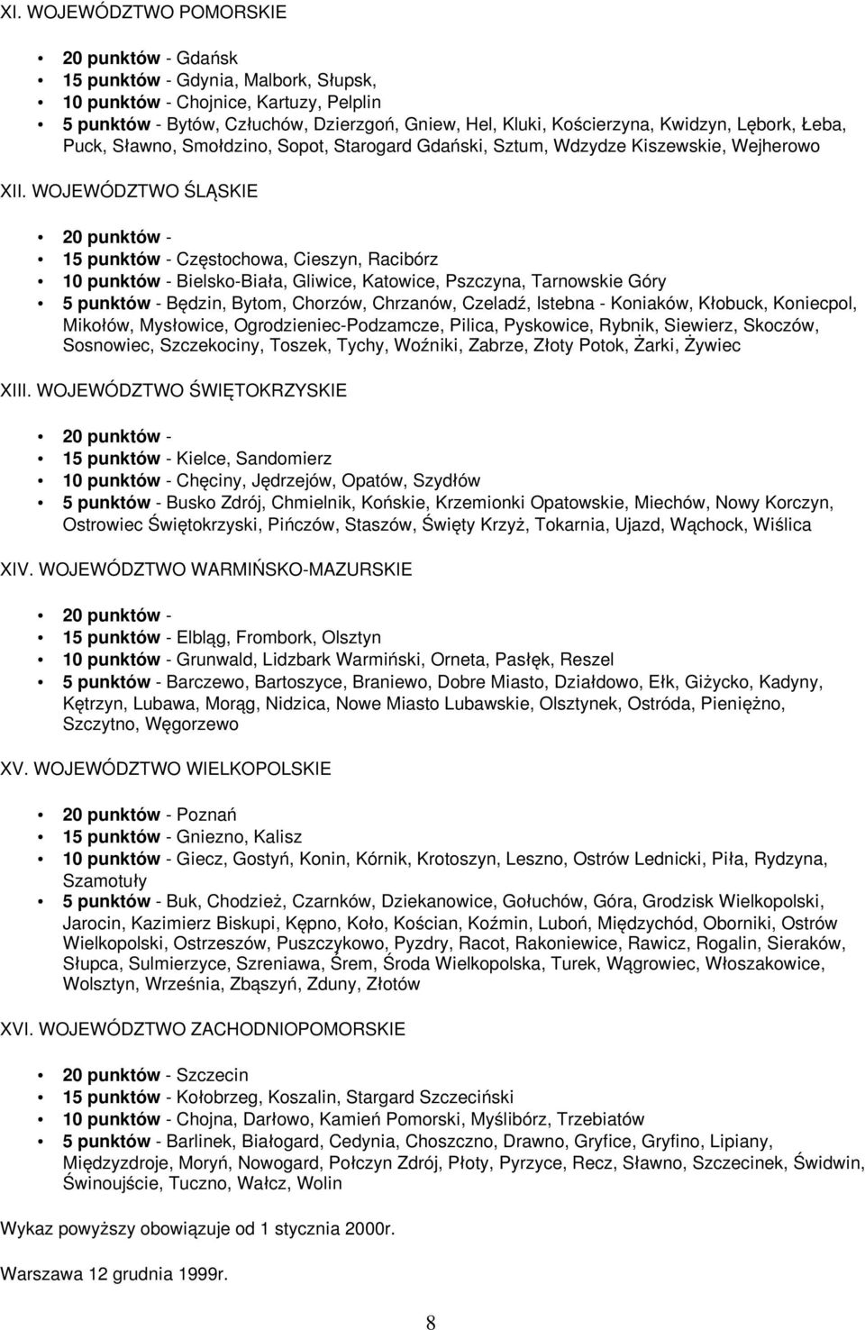 WOJEWÓDZTWO ŚLĄSKIE 15 punktów - Częstochowa, Cieszyn, Racibórz 10 punktów - Bielsko-Biała, Gliwice, Katowice, Pszczyna, Tarnowskie Góry 5 punktów - Będzin, Bytom, Chorzów, Chrzanów, Czeladź, Istebna