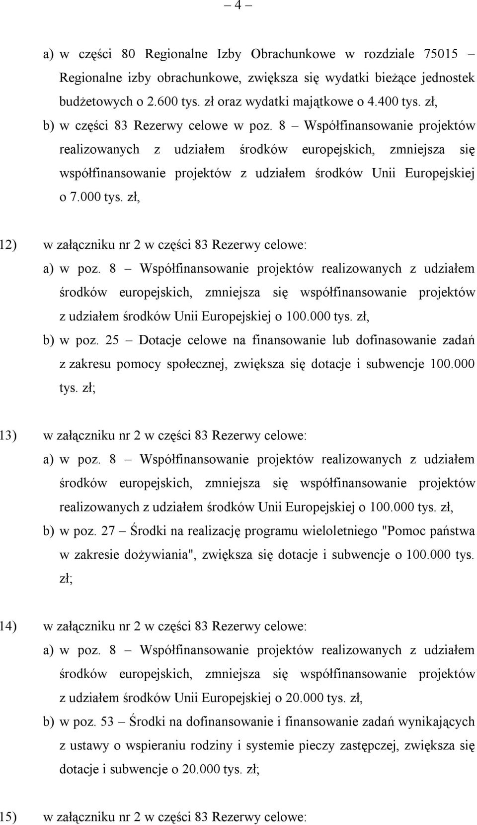 zł, 12) w załączniku nr 2 w części 83 Rezerwy celowe: z udziałem środków Unii Europejskiej o 100.000 tys. zł, b) w poz.