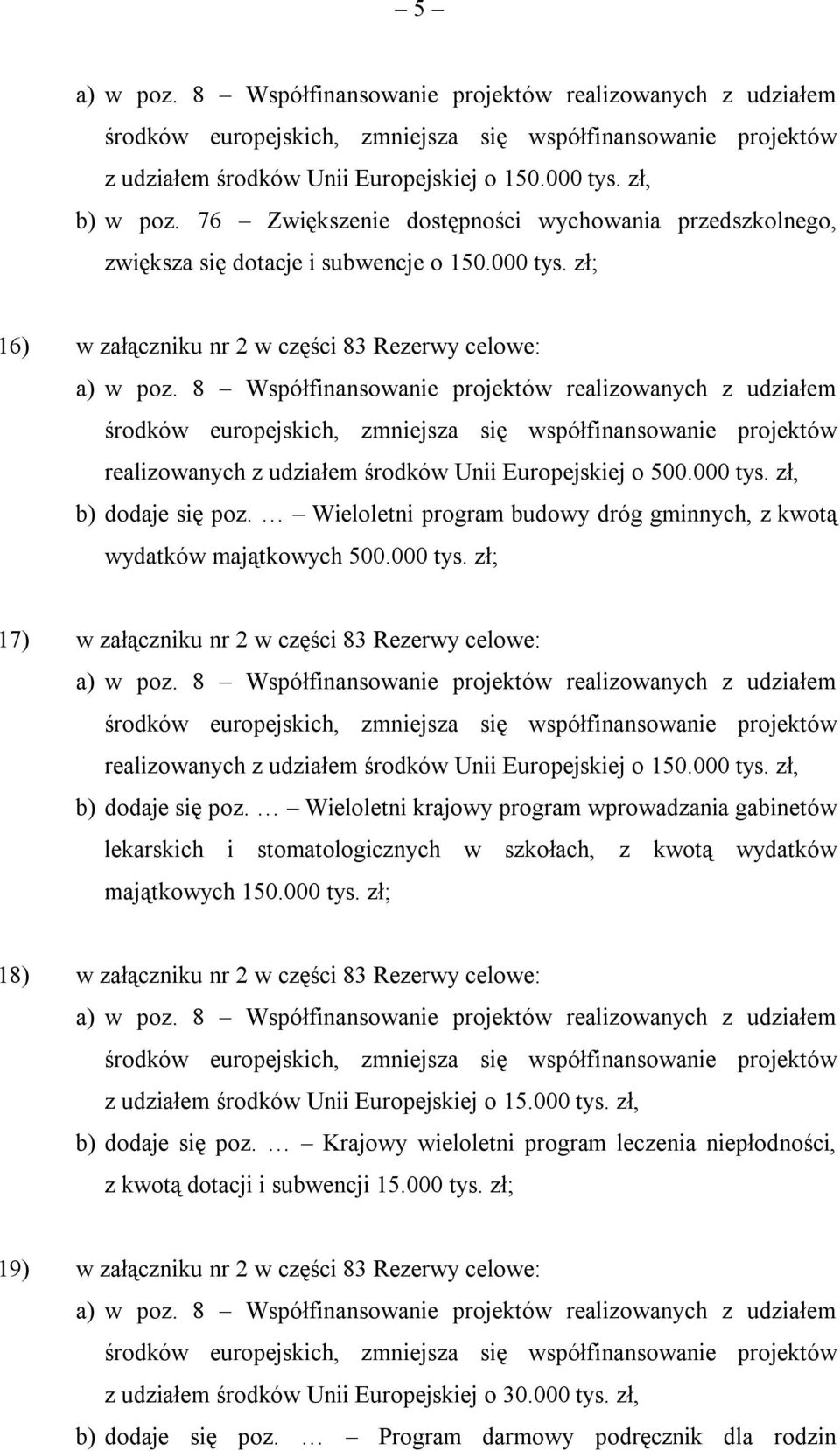 000 tys. zł, b) dodaje się poz. Wieloletni krajowy program wprowadzania gabinetów lekarskich i stomatologicznych w szkołach, z kwotą wydatków majątkowych 150.000 tys. zł; 18) w załączniku nr 2 w części 83 Rezerwy celowe: z udziałem środków Unii Europejskiej o 15.