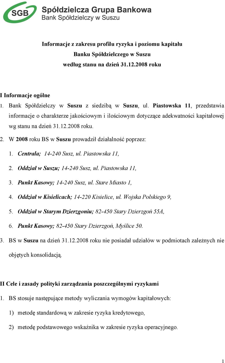 W 2008 roku BS w Suszu prowadził działalność poprzez: 1. Centrala; 14-240 Susz, ul. Piastowska 11, 2. Oddział w Suszu; 14-240 Susz, ul. Piastowska 11, 3. Punkt Kasowy; 14-240 Susz, ul.