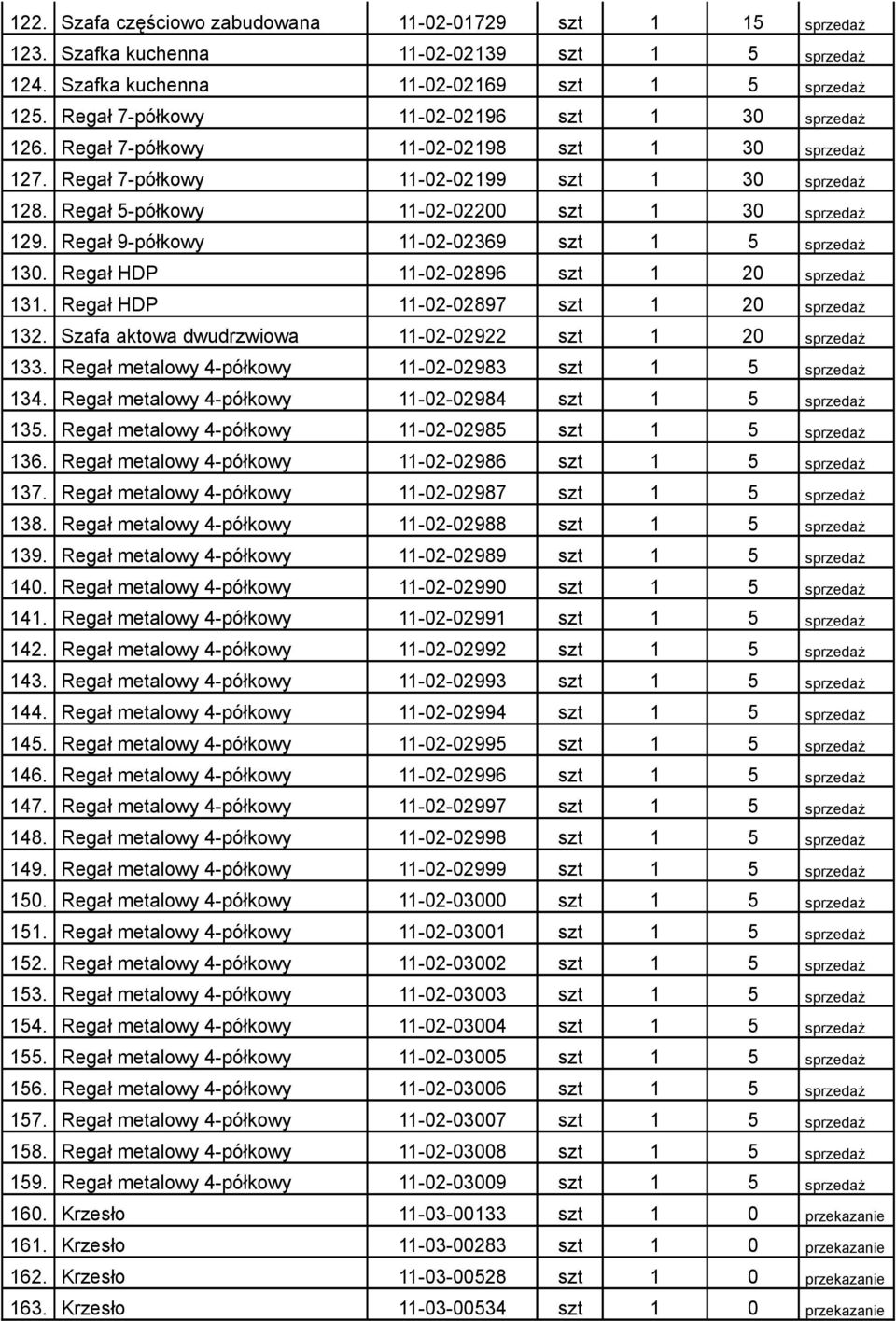 Regał HDP 11-02-02896 szt 1 20 131. Regał HDP 11-02-02897 szt 1 20 132. Szafa aktowa dwudrzwiowa 11-02-02922 szt 1 20 133. Regał metalowy 4-półkowy 11-02-02983 szt 1 5 134.