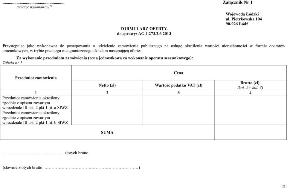 przetargu nieograniczonego składam następującą ofertę: Za wykonanie przedmiotu zamówienia (cena jednostkowa za wykonanie operatu szacunkowego): Tabela nr 1 Cena Przedmiot zamówienia Netto (zł)
