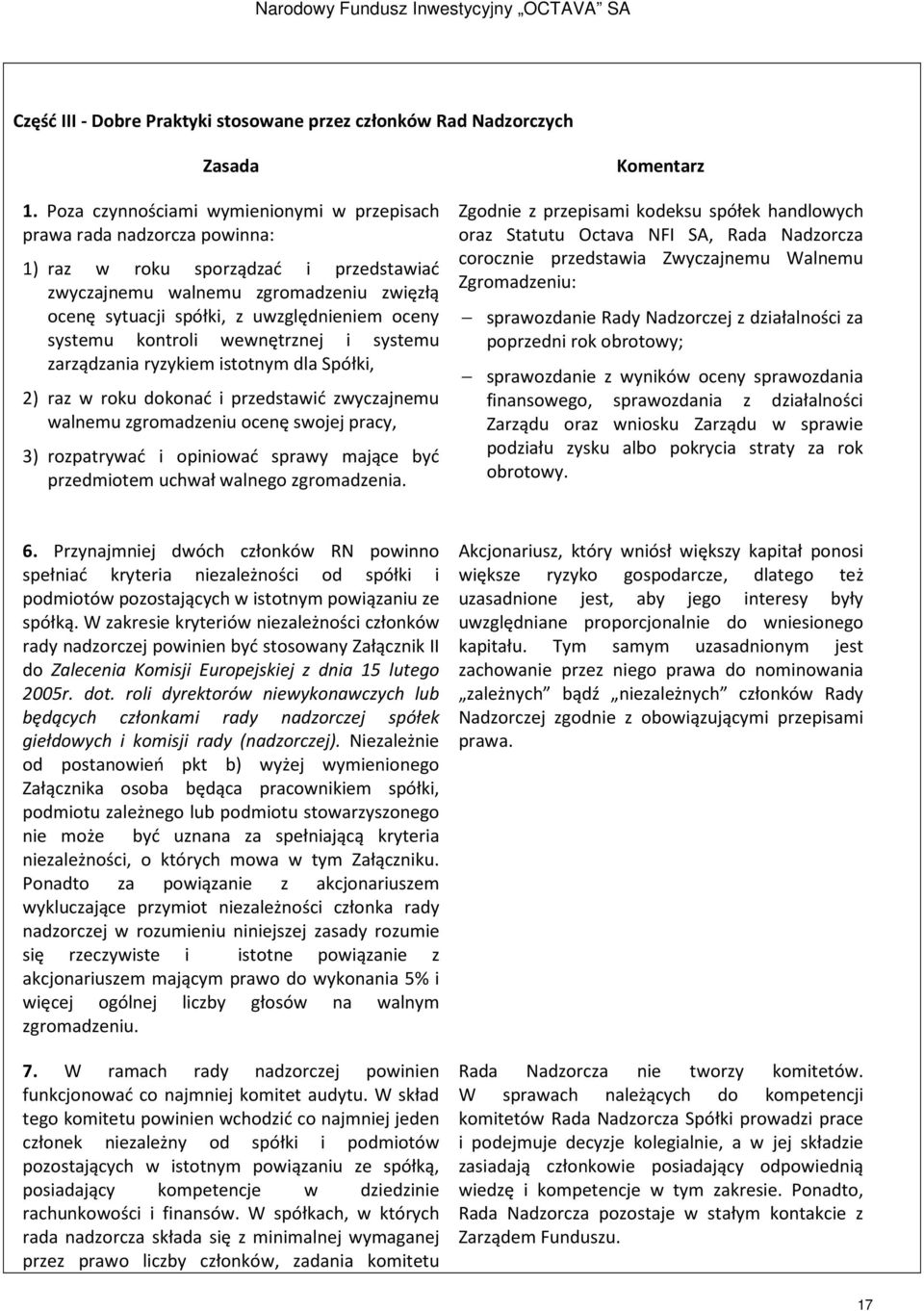 oceny systemu kontroli wewnętrznej i systemu zarządzania ryzykiem istotnym dla Spółki, 2) raz w roku dokonać i przedstawić zwyczajnemu walnemu zgromadzeniu ocenę swojej pracy, 3) rozpatrywać i