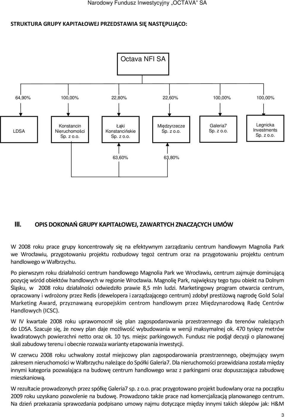 OPIS DOKONAŃ GRUPY KAPITAŁOWEJ, ZAWARTYCH ZNACZĄCYCH UMÓW W 2008 roku prace grupy koncentrowały się na efektywnym zarządzaniu centrum handlowym Magnolia Park we Wrocławiu, przygotowaniu projektu