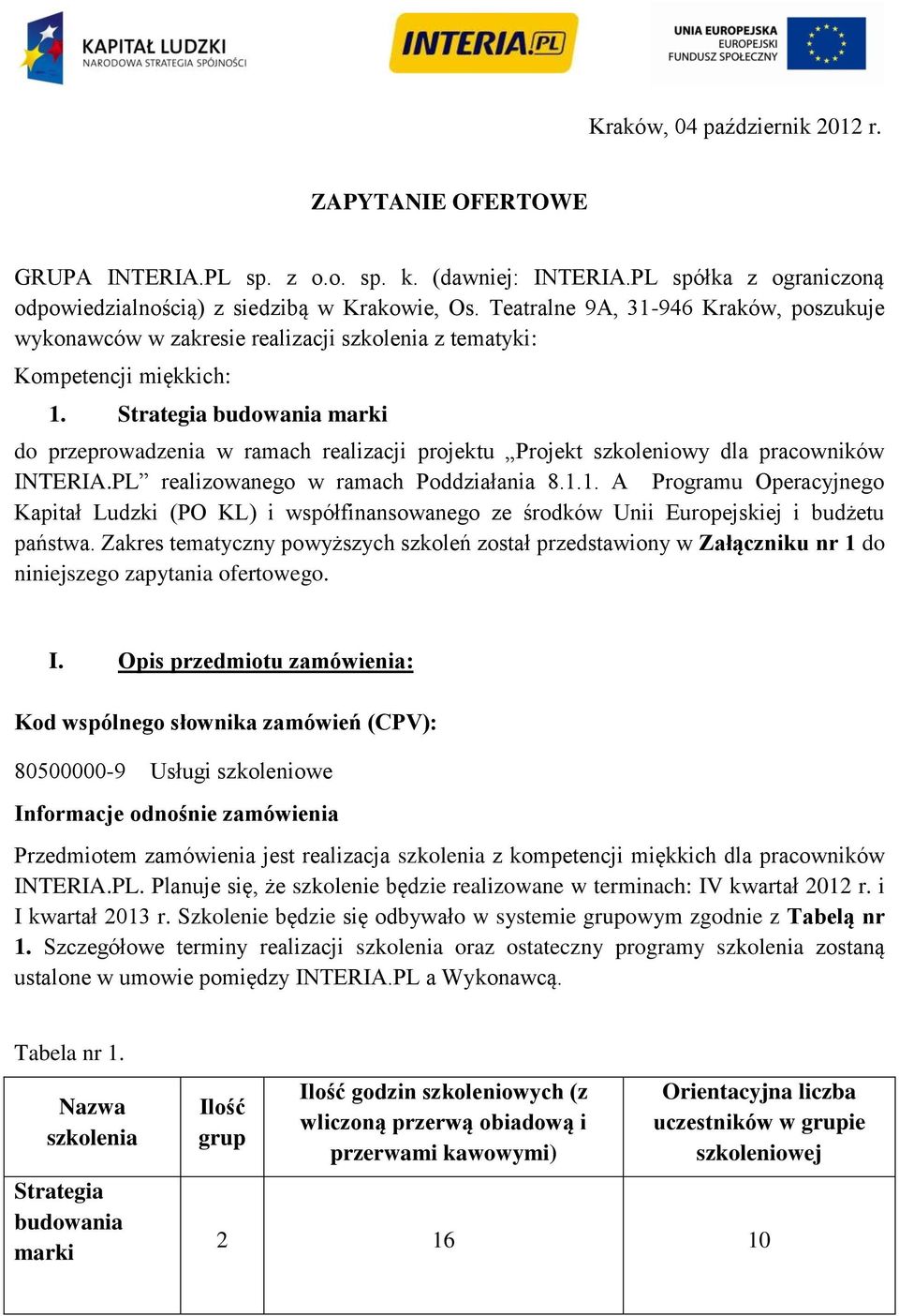 Strategia budowania marki do przeprowadzenia w ramach realizacji projektu Projekt szkoleniowy dla pracowników INTERIA.PL realizowanego w ramach Poddziałania 8.1.