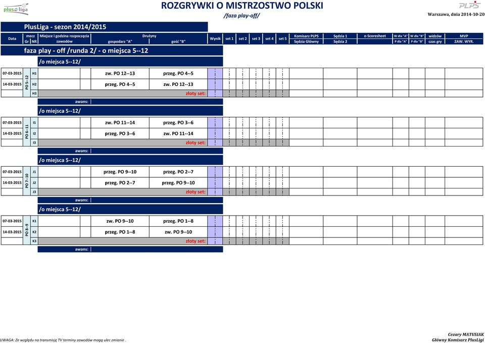 11--14 I3 /o miejsca 5--12/ 14-03-2015 J2 przeg. 2--7 przeg. 9--10 /o miejsca 5--12/ 14-03-2015 K2 przeg.