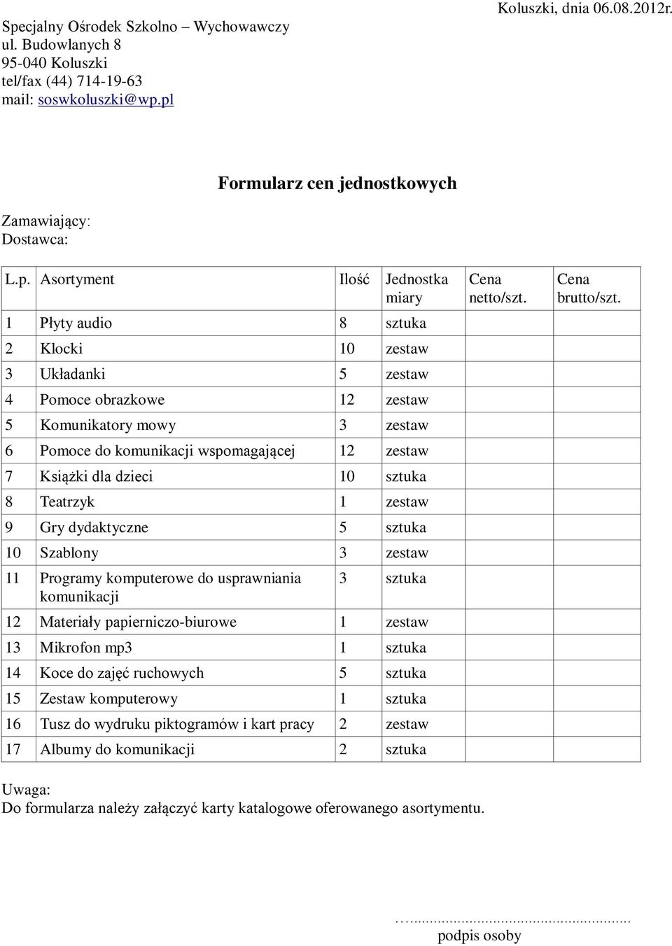 Asortyment Ilość Jednostka miary 1 Płyty audio 8 sztuka 2 Klocki 10 zestaw 3 Układanki 5 zestaw 4 Pomoce obrazkowe 12 zestaw 5 Komunikatory mowy 3 zestaw 6 Pomoce do komunikacji wspomagającej 12
