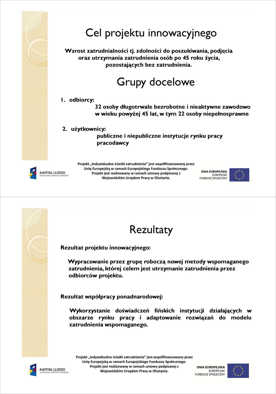 uŝytkownicy: publiczne i niepubliczne instytucje rynku pracy pracodawcy Rezultat projektu innowacyjnego: Rezultaty Wypracowanie przez grupę roboczą nowej metody wspomaganego