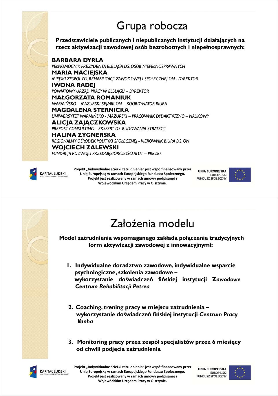 REHABILITACJI ZAWODOWEJ I SPOŁECZNEJ ON - DYREKTOR IWONA RADEJ POWIATOWY URZĄD PRACY W ELBLĄGU DYREKTOR MAŁGORZATA ROMANIUK WARMIŃSKO MAZURSKI SEJMIK ON KOORDYNATOR BIURA MAGDALENA STERNICKA