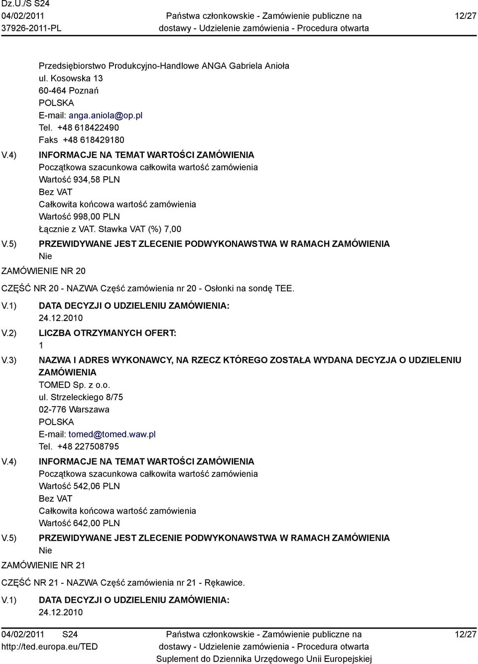 zamówienia nr 20 - Osłonki na sondę TEE. DATA DECYZJI O UDZIELENIU : TOMED Sp. z o.o. ul. Strzeleckiego 8/75 02-776 Warszawa E-mail: tomed@tomed.waw.pl Tel.