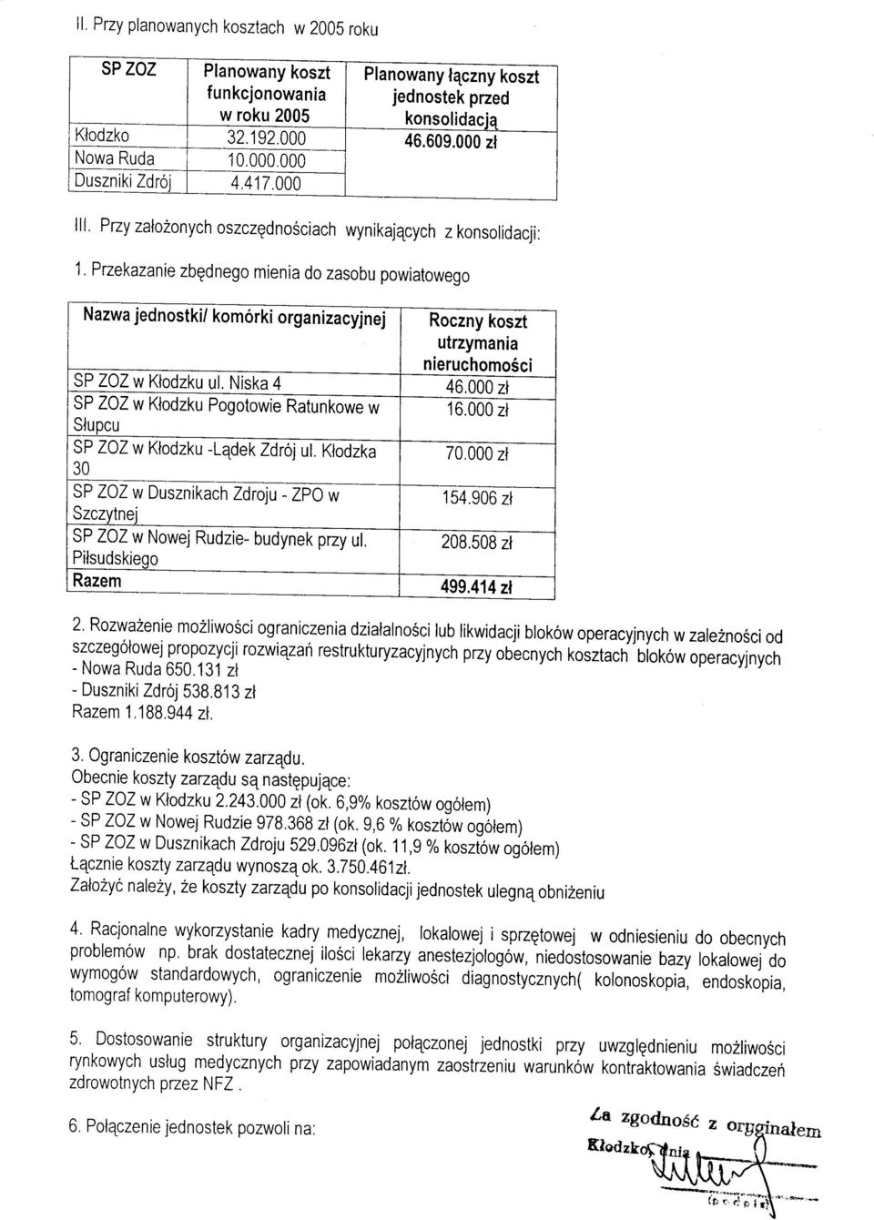 Przekazanie zbgdnego mienia do zasobu powiatowego Nazwa jednostki/ komorki organizacylnel Roczny koszt utrzymania nieruchomosci zl 16.000 zl SP Z0Z w Klodzk ul. Niska 4 46.