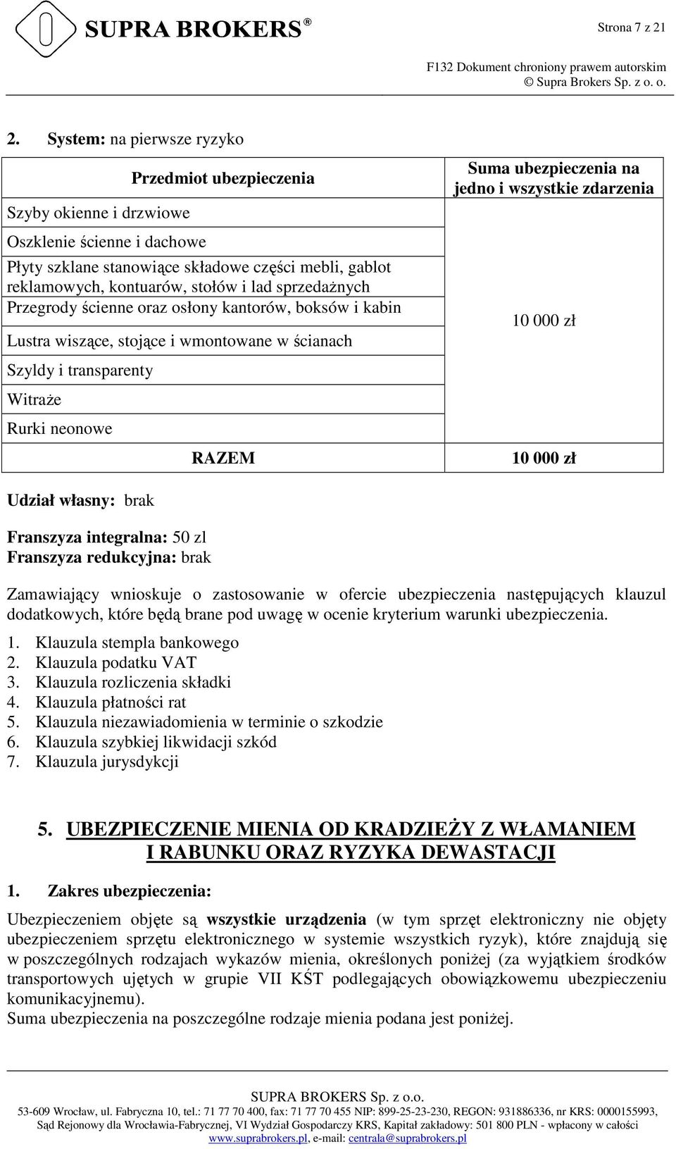 sprzedaŝnych Przegrody ścienne oraz osłony kantorów, boksów i kabin Lustra wiszące, stojące i wmontowane w ścianach Suma ubezpieczenia na jedno i wszystkie zdarzenia 10 000 zł Szyldy i transparenty