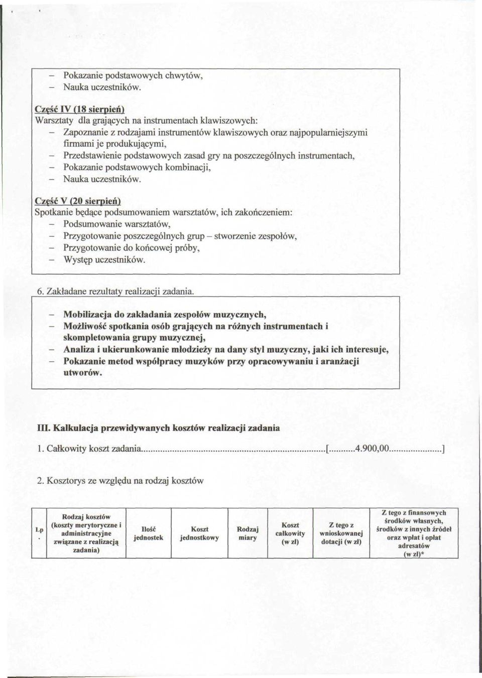 podstawowych zasad gry na poszczególnych instrumentach, Pokazanie podstawowych kombinacji, Nauka uczestników.