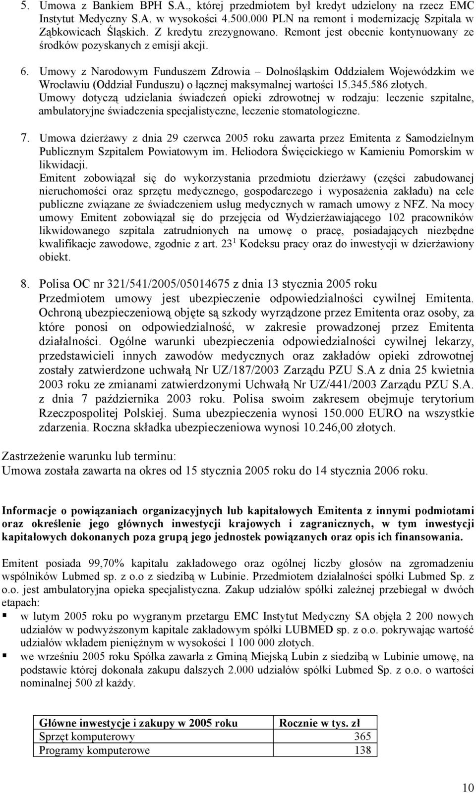 Umowy z Narodowym Funduszem Zdrowia Dolnośląskim Oddziałem Wojewódzkim we Wrocławiu (Oddział Funduszu) o łącznej maksymalnej wartości 15.345.586 złotych.